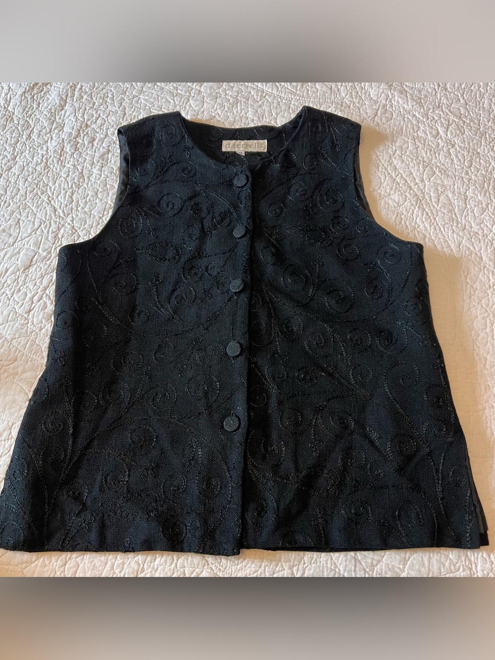 vintage D. Terrell black lined textured silk vest embroidered swirl women sz M